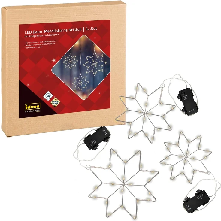 Idena LED Stern Kristall, LED fest integriert, warmweiß, 3er Set, mit Timer, für Innen und Außen, Weihnachtsdeko – Bild 1