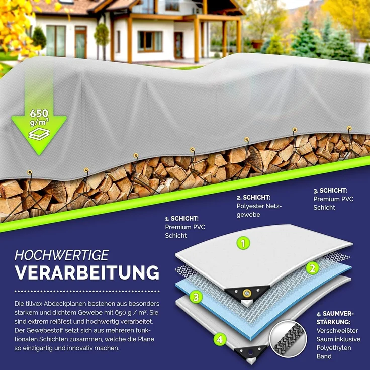 tillvex® Abdeckplane Grün 3x6 m mit Ösen + 10 Haken & 15m Seil | Gewebeplane 650g/m² Wasserdicht & Reißfest | Premium PVC-Plane Universell LKW, Pool, Holz Gartenmöbel | Gartenplane Abdeckung – Bild 3