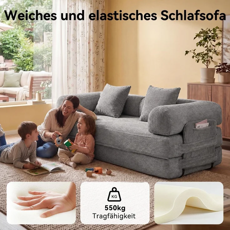 Aoxun Kordstoff Schlafsofa 200×97×70cm, 5-in-1 Umwandelbares Bodensofa, Hochdichter Schaumstoff, Haustierfreundlich, Keine Montage, Grau – Bild 6
