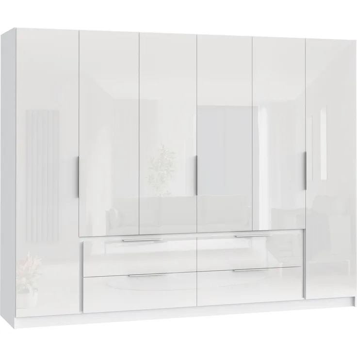 Drehtürenschrank >LUANO< 4 Schubladen, 6 Türen, Weiss / Weiss Glanz - 269,7x210,5x60cm (BxHxT)