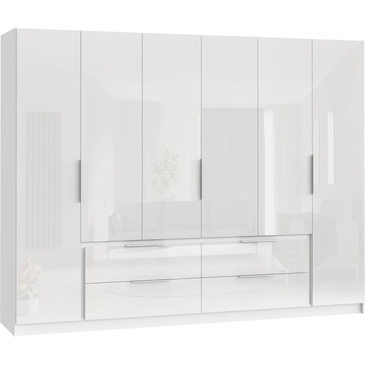 Drehtürenschrank >LUANO< 4 Schubladen, 6 Türen, Weiss / Weiss Glanz - 269,7x210,5x60cm (BxHxT) – Bild 1