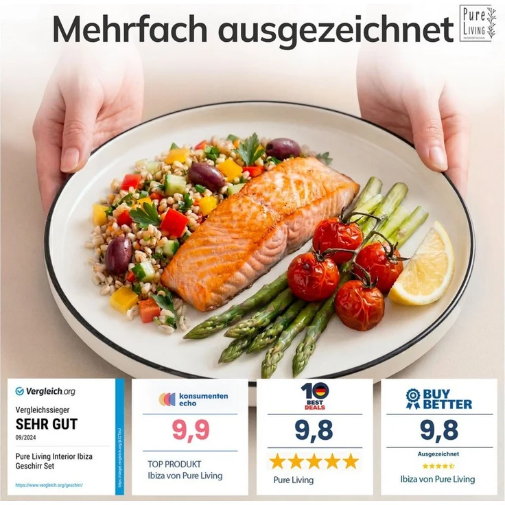 PURE LIVING INTERIOR DESIGN Geschirr-Set Scandi Speisseteller, Dinnerteller, 6er-Set, 26 cm, Weiß/Schwarz (1-tlg), 6 Personen, Porzellan, Robust, kratzfest, spülmaschinenfest und mikrowellengeeignet – Bild 3
