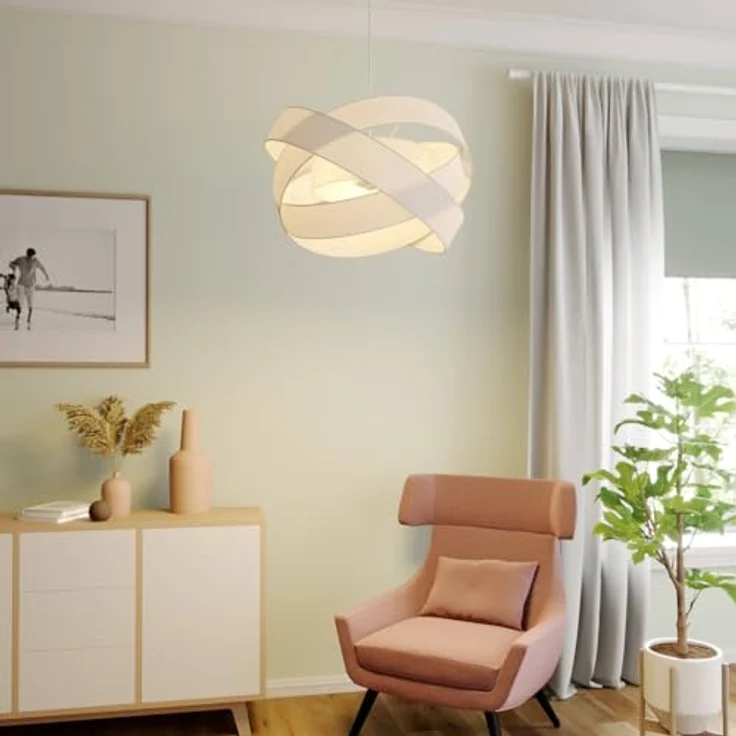 Lindby Pendelleuchte 'Simaria', weiße Textil-Pendellampe mit Ø 60 cm, ideal für Wohnzimmer & Esszimmer – Bild 3