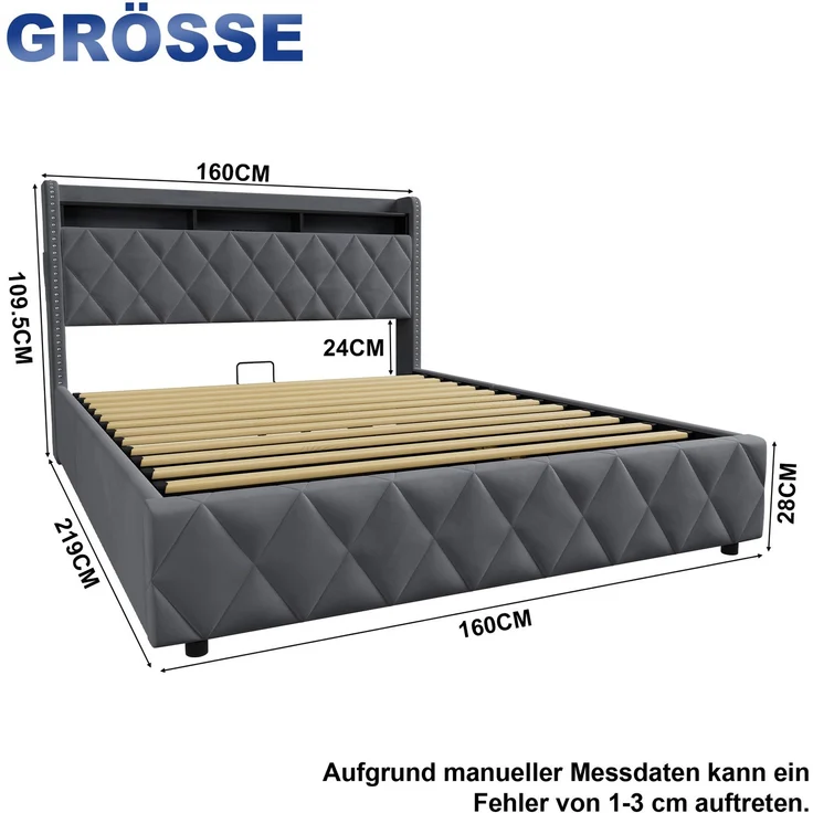 Einzelbett 140x200 cm mit LED-Beleuchtung, Ladefunktion und hydraulischem Stauraum – Ohne Matratze – Bild 4