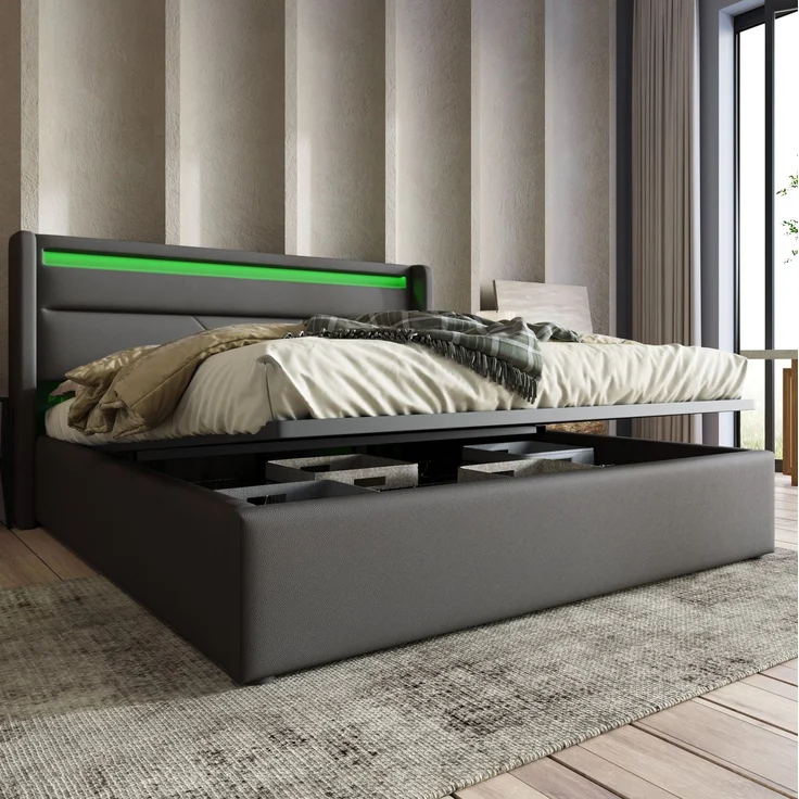 CHICFURN Polsterbett PU Grau 160x200 cm mit LED-Beleuchtung und hydraulischem Bettkasten – Bild 3