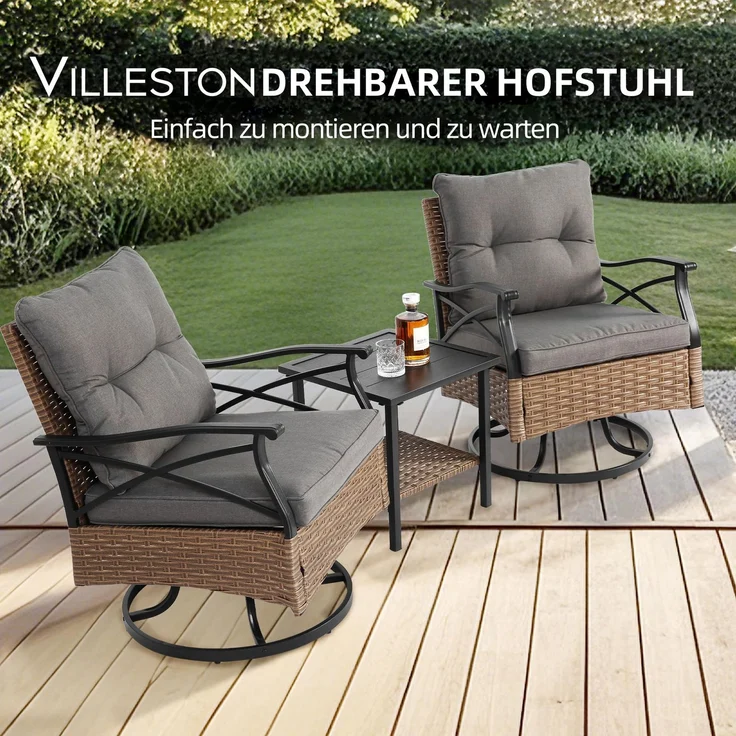 LVHOM Gartenmöbel-Set 3-tlg, Balkonset inkl. 2 drehbare Sessel und Tisch, Polyrattan, wetterfest, Gartenlounge-Set, Grau – Bild 9