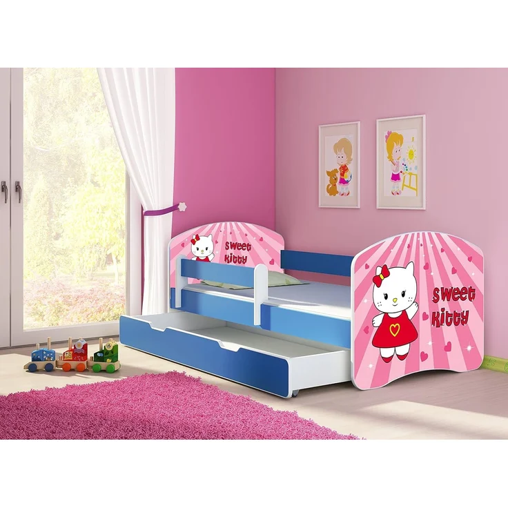 ACMA Kinderbett Jugendbett mit Einer Schublade und Matratze Blau mit Rausfallschutz Lattenrost II 140x70 160x80 180x80 (15 Sweet Kitty, 140x70 + Bettkasten) – Bild 2