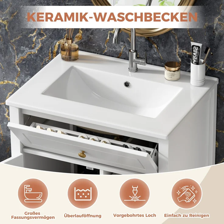 Freistehender Waschtischunterschrank B 61 x T 47 x H 87 cm aus MDF mit Keramikwaschbecken – Bild 5
