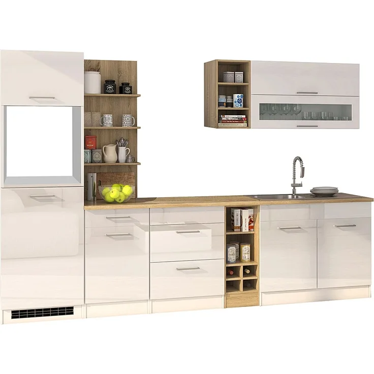 Küchenzeile 300 cm weiß MARANELLO-03 , Weiß Hochglanz ohne E-Geräte B x H x T ca. 300 x 200 x 60cm