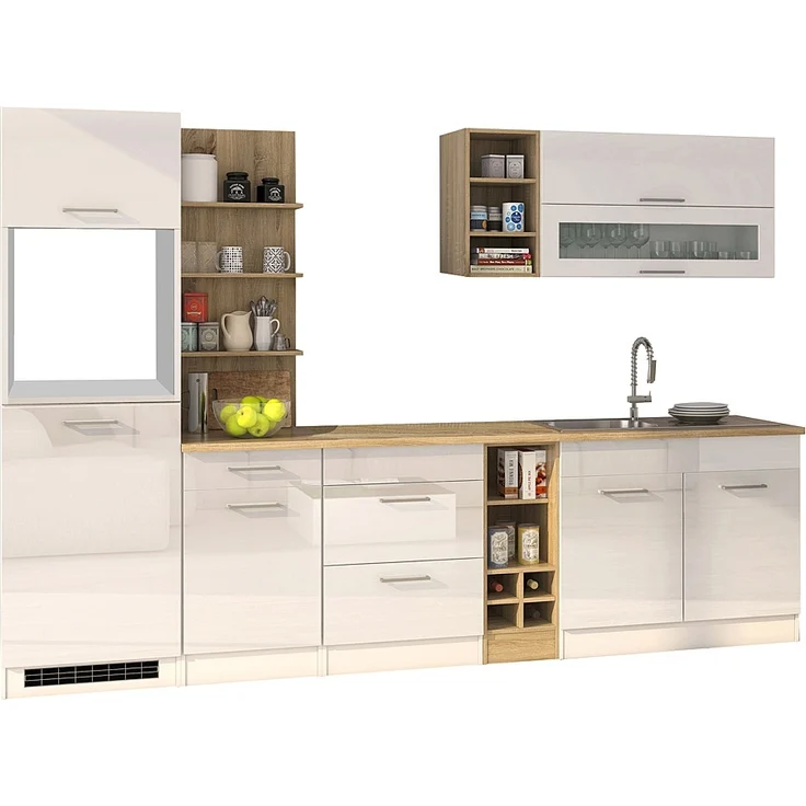 Küchenzeile 300 cm weiß MARANELLO-03 , Weiß Hochglanz ohne E-Geräte B x H x T ca. 300 x 200 x 60cm