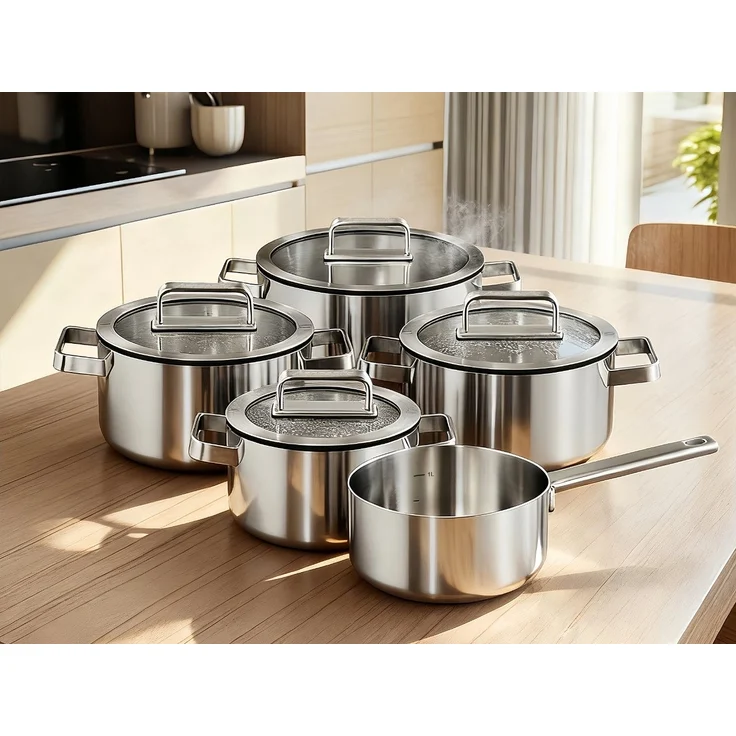 Hanseatic Topf-Set PREMIUM, Edelstahl (Set, 9-tlg, Kochtopf 1x 16 cm / 2x 20 cm / 1x 24 cm, Stielkasserolle 16 cm), handfreundliche Griffe, Literskala, Glasdeckel, Induktion – Bild 3