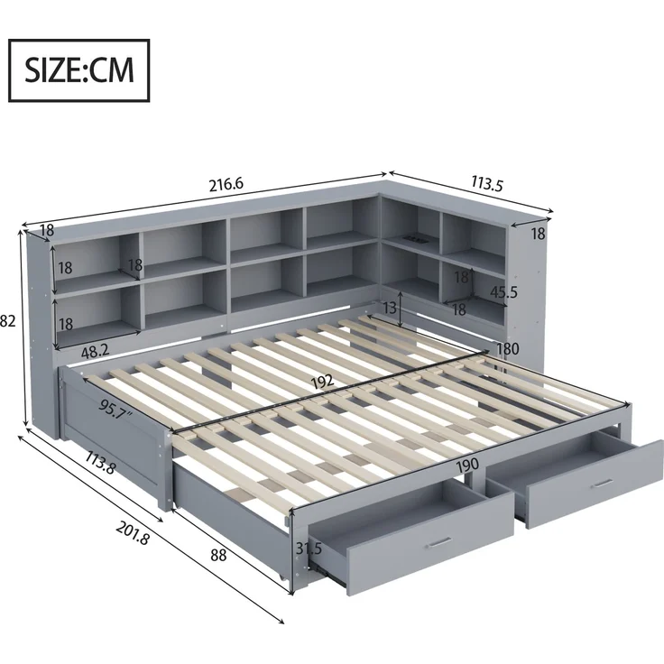 EINHOM Massivholzsofa 90 x 190 cm, mit Ausziehbarem Bett, mit Staufach, Schubladen, Lattenrost, Multifunktionales Einzelholzbett, Grau (Ohne Matratze) – Bild 2