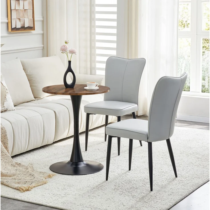 Beistelltisch-Set Ø 60x72 cm mit 2 Stühlen – runder Tisch aus MDF und Metall, PU in Hellgrau/Schwarz/Walnuss – Bild 3