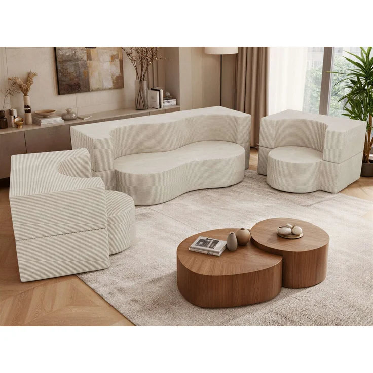 Polstermöbel-Set SANOA, Sofa mit 2 Sesseln, Schlaffunktion, Ausklappbares Sofa, 3-teiliges, Schaumstoffkern - Beige Schmaler Cord – Bild 4