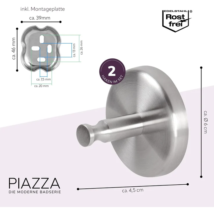 Bad-Serie PIAZZA - Handtuchhaken 2er Set, aus Edelstahl matt – Bild 7