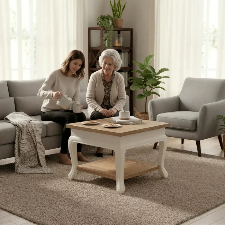 CLP Couchtisch Thordis quadratisch 60 x 60 cm Holz mit 2 Ebenen rustikaler Stil,natura/weiß 60x60 cm – Bild 3