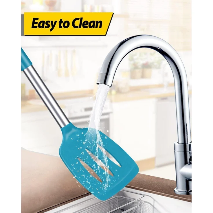 Silikon Pfannenwender robust antihaft hitzebeständig BPA-frei blau 2er Set – Bild 6