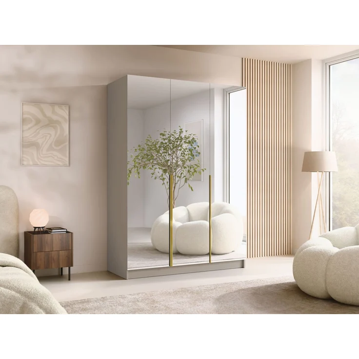 Mirjan24 'Cikzori' Kleiderschrank mit Einlegeböden und Kleiderstange, 3-türig, Laminatplatte, 215 x 58 x 150 cm, Cashmere / Gold, mit Spiegelfront – Bild 2
