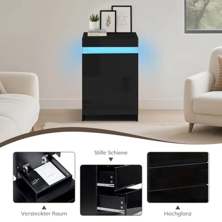 TUKAILAI Nachttisch Schwarz Hochglanz mit LED, Moderner Nachtschrank mit 3 Schubladen, 45 x 35 x 67.5 cm für Schlafzimmer, Home Office – Bild 6