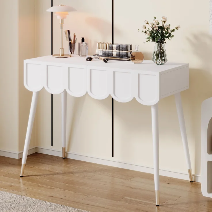 Schminktisch, Frisiertisch, mit 2 Schubladen, Metallfüße, weiß, Maße: B100 × T40× H76 cm--Weiß--100x40x76cm--YOUDENOVA – Bild 4