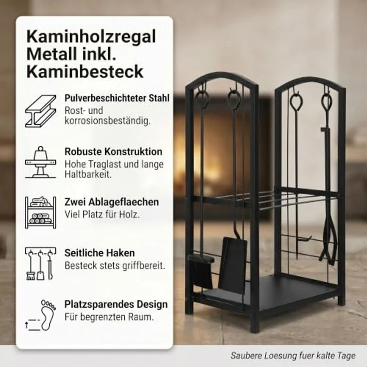 Kaminholzregal Kaminbesteck 6-tlg. Kaminhandschuhe Feuerholzablage Kaminzubehör Kaminholzständer Brennholz Garnitur Werkzeuge Metall Stapelhilfe Lager – Bild 2