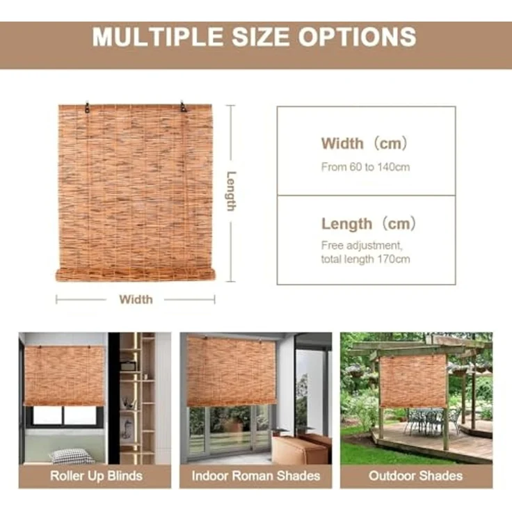 Bambus Rollo 100x220cm (Breite x Höhe) Sichtschutz und Sonnenschutz Jalousie Vorhang für Fenster, Tür, Balkon und Garten | Handgefertigtes Bambusrollo aus Schilfrohr mit Seiljustierung Wohnzimmer – Bild 5