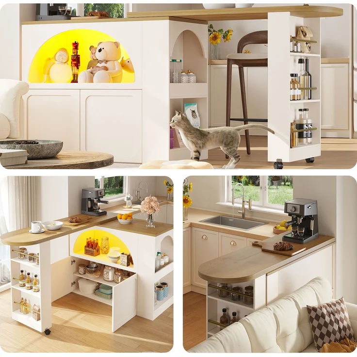 Merax Ausziehbarer Bartisch mit Stauraum(135-205×39×100cm) , Moderner Beweglicher Bar Table, Teleskopischer Bartisch mit LED Hochtisch Kücheninsel, Weiß – Bild 5