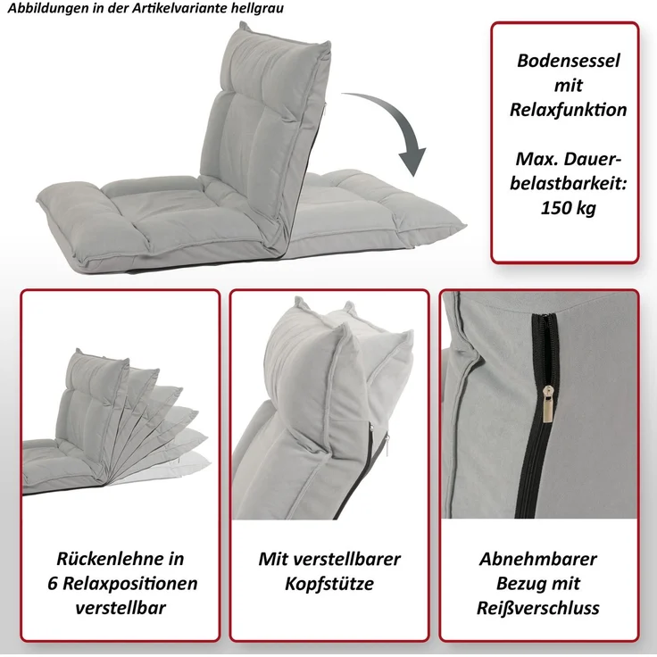 Bodensessel HWC-N44, Relaxsessel Bodenkissen Bodensofa Klappsessel 6 Relaxpositionen, stabiles Gestell Samt ~ dunkelgrau – Bild 2