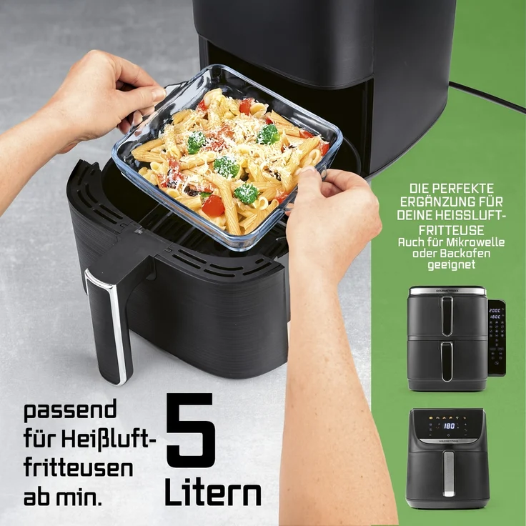 GOURMETmaxx Glas-Auflaufform 800ml transparent für Heißluft-Fritteusen quadratisch – Bild 4