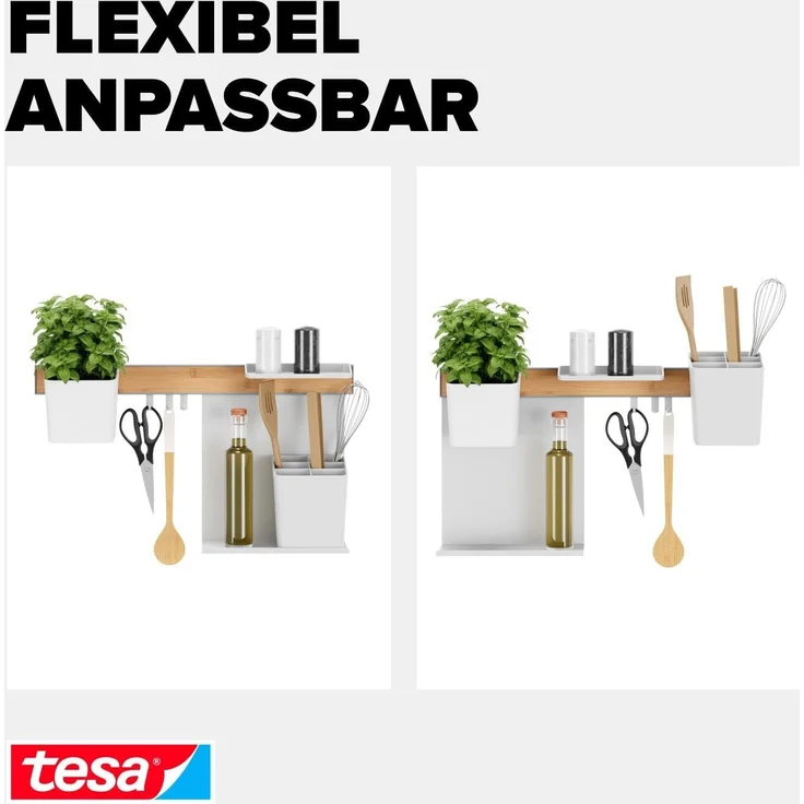 tesa Hakenleiste tesa Küchen-Organizer Kombi-Set M - selbstklebende Küchenleiste, (Komplett-Set, 6 St, inkl. Kräutertopf, 2 Ablagen, Utensilienhalter, Hakenleiste (3 Haken), Flexible Organisationsleiste für die Küche, Montage ohne Bohren – Bild 3