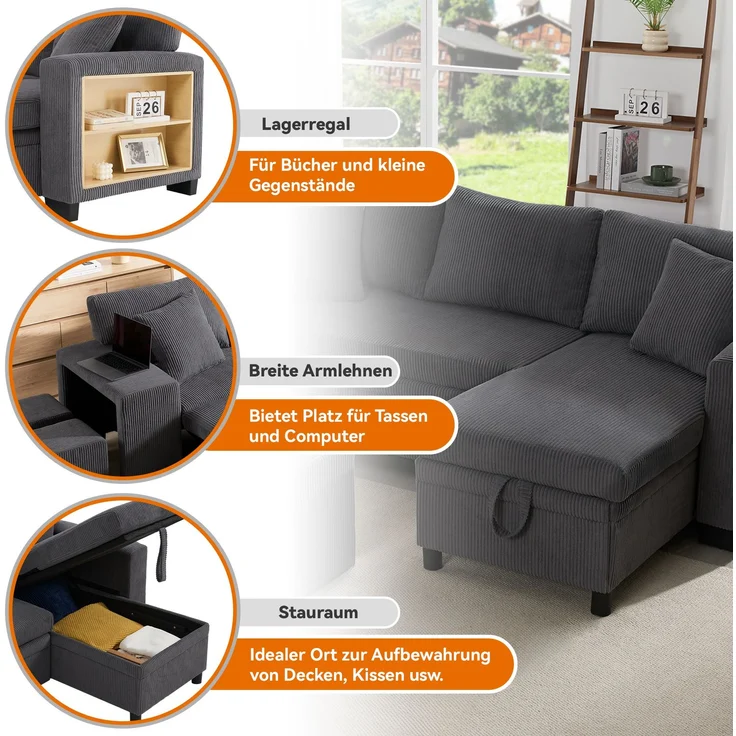 Merax Klappsofa mit Schlaffunktion, L-förmiges umbaubares Ecksofa mit USB-Ladeanschluss und Kissen, 3-Sitzer-Umbausofa mit Seitenablagen und Stauraum, Grau – Bild 6