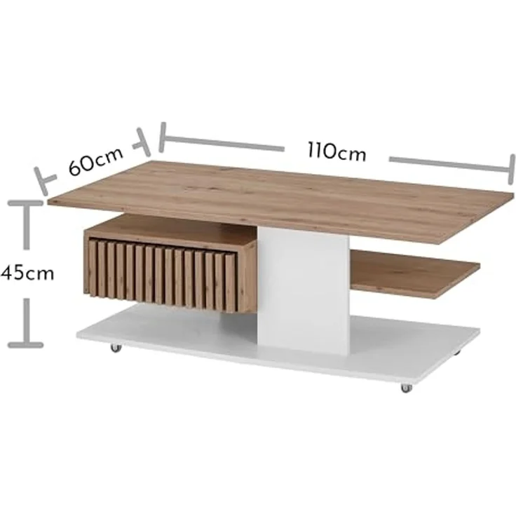 Stella Trading Ally Couchtisch auf Rollen in Artisan Eiche Optik, Weiß - Mobiler Sofatisch mit Schublade für Ihr Wohnzimmer - 110 x 44,5 x 60 cm (B/H/T) – Bild 2