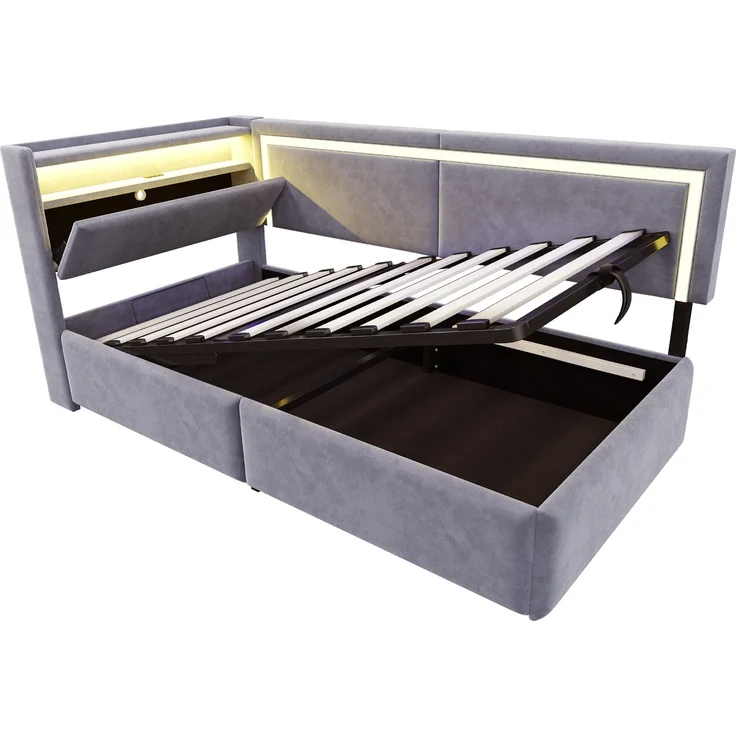 Polsterbett Schlafsofa 90x200 cm Mit LED-Beleuchtung und USB-Ladeanschlüssen. Kopfteil Lässt Sich Zum Verstauen öffnen. Hydraulisches Stauraumsystem unter Dem Bett, Samtstoff Hellgrau – Bild 8