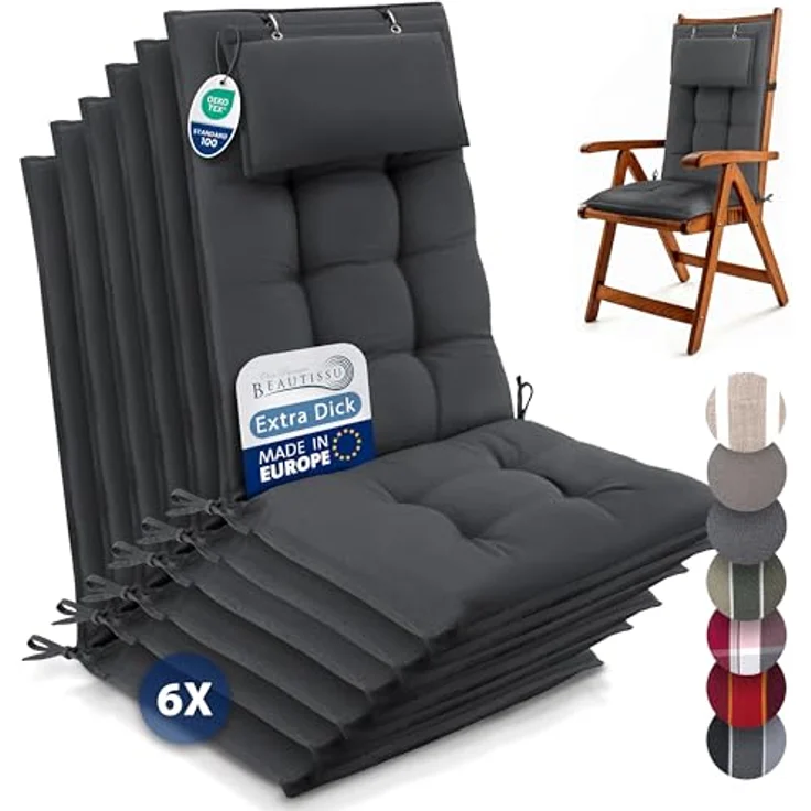 Beautissu Hochlehnerauflage 6er Set Sun-HL, 120x50x8cm, Anthrazit, mit Kopfpolster, rutschfest, robust, UV 5, Befestigungsbänder – Bild 1
