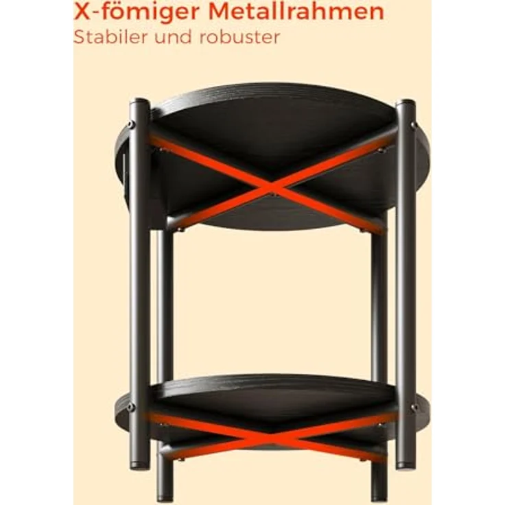 IRONCK Beistelltisch rund, Couchtisch mit Steckdose, Kleiner Tisch Holz, Wohnzimmertisch 2 Ablagen,Sofatisch,USB & Type-C-Anschluss, Metallrahmen, Nachttisch für Schlafzimmer (Schwarz, 1 Stück) – Bild 7