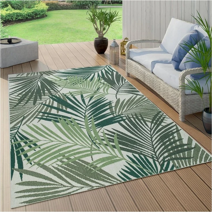 Paco Home Teppich Ostende 534, rechteckig, Höhe: 4 mm, Flachgewebe, Motiv Palmenblätter, In- und Outdoor geeignet, Wohnzimmer – Bild 5