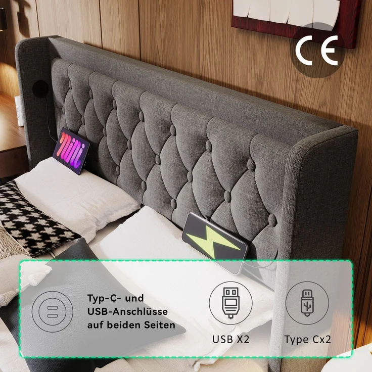EINHOM Polsterbett Einzelbett 140 x 200 cm, Grau Baumwolle-Material Hydraulisches Stauraumbett, Gepolstertes Kopfteil mit USB Typ-C Ladefunktion, 3-Seitige LED-Funktion, (Ohne Matratze) – Bild 6