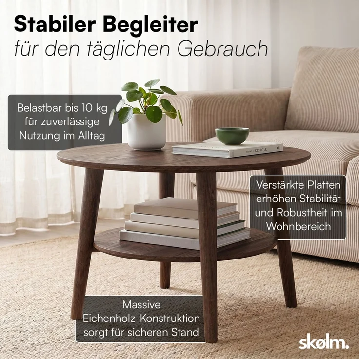skølm 'Mjölnir' Couchtisch rund, Massivholz Eiche, nussbraun lackiert, Wohnzimmertisch Ø70 cm, Beistelltisch für Wohnzimmer mit Ablage – Bild 5