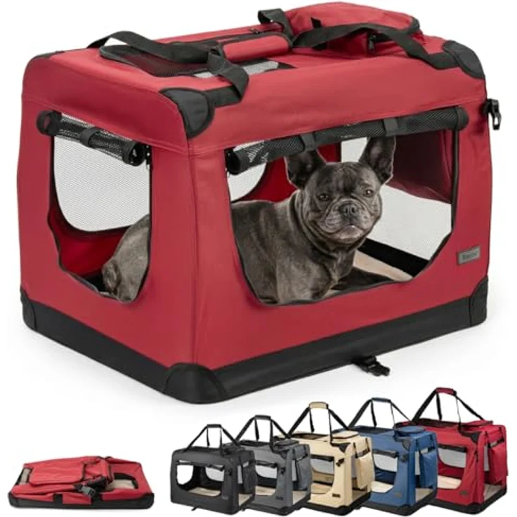 lionto Hundetransportbox, Faltbar, für Reise & Auto, 70x52x50 cm, Rot | Stabile Hundebox aus Stoff mit Netzfenstern, Tragegriffen, weicher Decke & Taschen, für Katzen & Hunde bis 15 kg geeignet – Bild 1