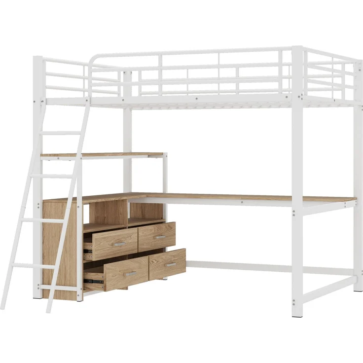 EINHOM Hochbett, 140 x 200 cm, Eisenrahmenbett, Praktische Schubladen, Stilvoller L-förmiger Schreibtisch, Laminatdesign, Weiß (Ohne Matratze) – Bild 5