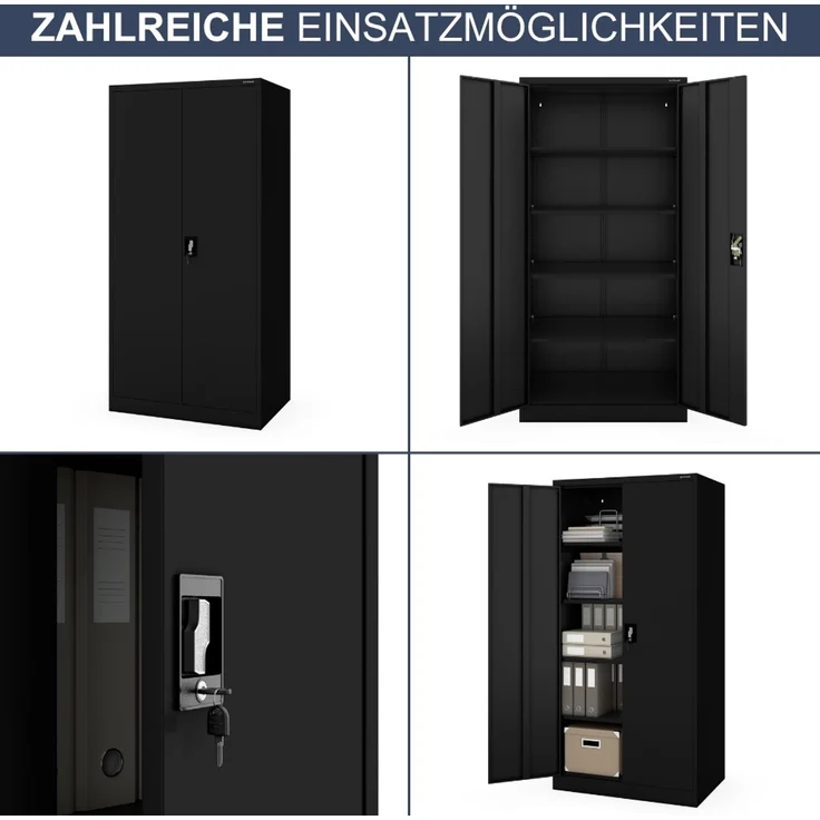 Aktenschrank abschließbar KADO - 5 Ebenen verstellbar, Flügeltüren | Metallschrank Werkstatt Mehrzweckschrank Büroschrank aus Stahl Werkzeugschrank, 185 x 90 x 60 cm Schwarz – Bild 6