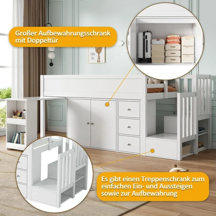 Odikalo Hochbett Kinderbett Ausziehbarem Schreibtisch Treppeschrank Ohne Matratze90x200 – Bild 1