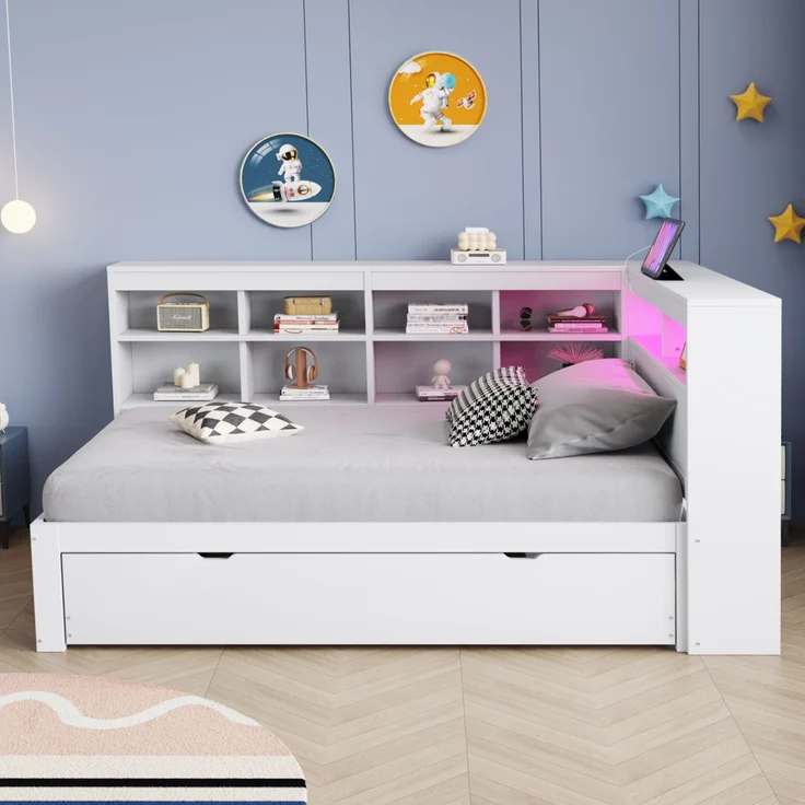 EINHOM Massivholzsofa 90 x 200 cm, mit Ausziehbarem Bett, mit USB-Steckdose und mit LED-Licht, mit Regalen und Ablagefächern, Viel Stauraum, Multifunktionales Einzelholzbett, Weiß, (Ohne Matratze) – Bild 3