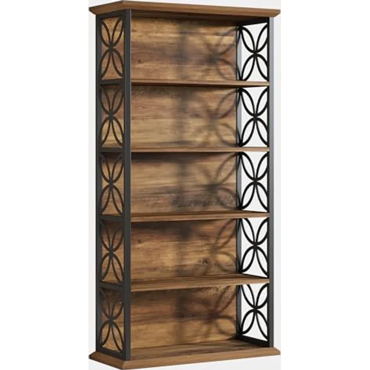 5-stufiges Bücherregal, Industriestil 180 cm hohes Bücherregal für das Wohnzimmer, Braunes Holz-Bücherregal mit schwarzem Metallrahmen, Großes Ausstellungsregal für Küche, Schlafzimmer, Büro – Bild 4
