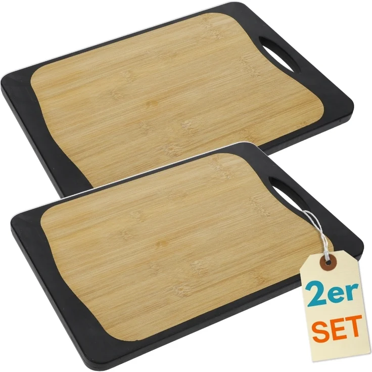 2er Set Schneidebrett Kunststoff und Bambus 2in1 Schneidbrett mit Anti-Rutsch Schneidebretter Küchenbrett Bambus Schneidebrett Schwarz Rutschfest mit Griffloch – Bild 1