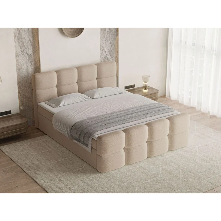 GRAINGOLD Rivon Doppelbett 180x200, Boxspringbett, zwei Bettkästen, mit Kopfteil, Modern Stil, Bouclé-Stoff, Beige – Bild 3