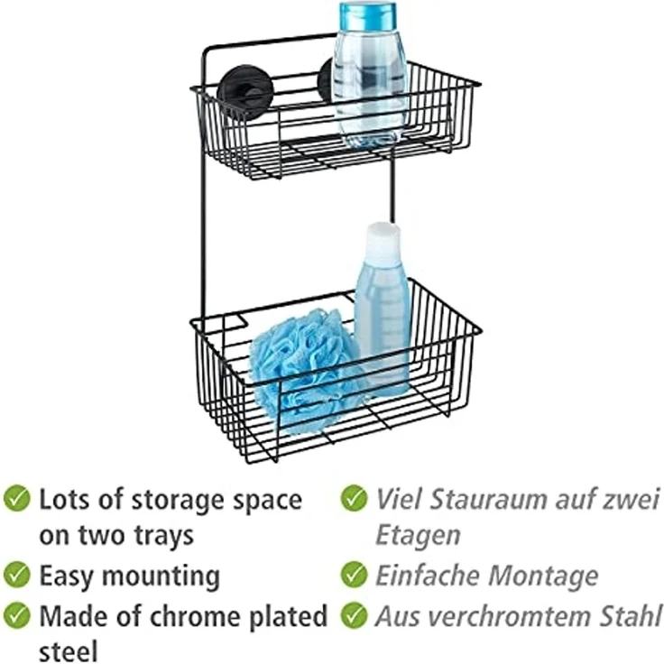 WENKO Duschregal Vacuum-Loc® Wandregal 2 Etagen Bari Schwarz, 2 Etagen – Bild 3