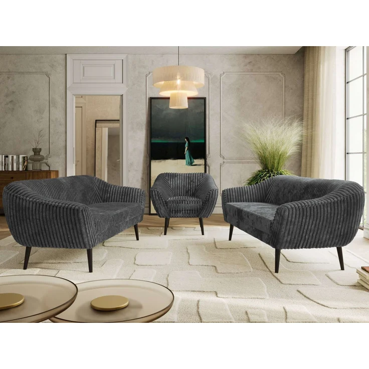Wohnzimmerset, Möbelset PIRS 3-3-1, Armlehnen, Wellenfederung, schwarze Füße, Dreisitzer Sofas mit Sessel, Polstermöbel Set - Grau Cord – Bild 3