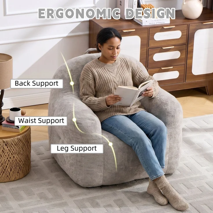 Sitzsack mit Füllung aus Schaumstoffflocken, Kunstfell-Sitzsacksofa mit Armlehnen, für Wohnzimmer, Schlafzimmer und Leseecke, keine Montage erforderlich, Hellgrau – HELLGRAU – 95 x 95 x 79 cm – YOUDENOVA – Bild 5