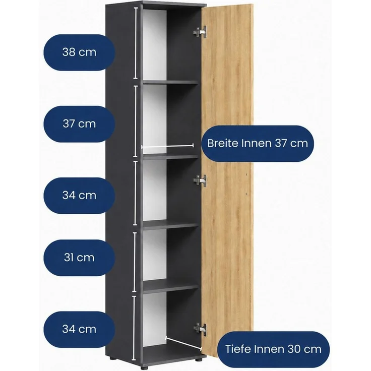 Home Collective Mehrzweckschrank Schmaler Schrank 40 cm breit mit 1 Tür & 4 Einlegeböden (Universalschrank Haushaltsschrank für Haushalt, Flur, Büro oder Schlafzimmer) 40x35x184 cm (BxTxH), Anthrazit-Artisan – Bild 3